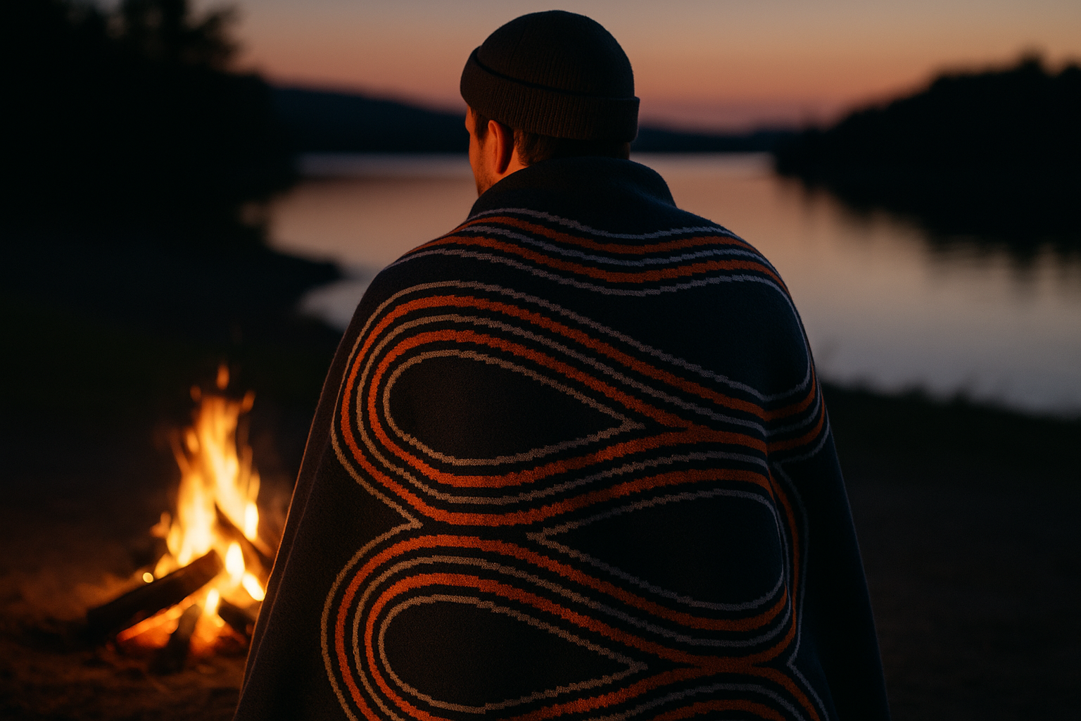 Person wrapped in NIGHT BREEZE wool throw blanket by campfire at twilight